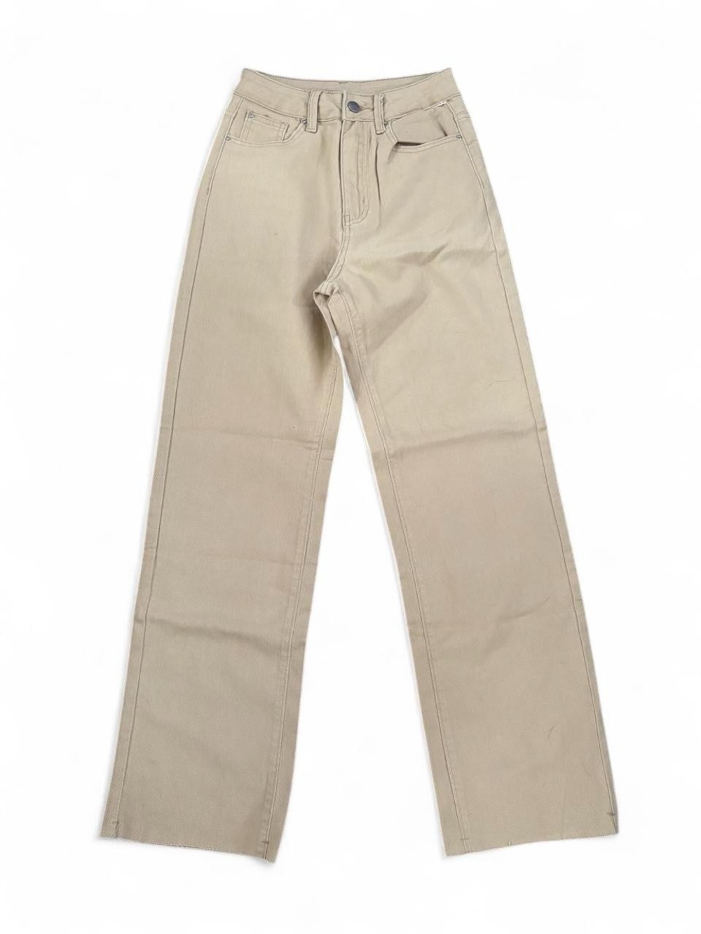 High Waisted Beige Khaki Wide Leg Straight Pants Raw Hem Size XS